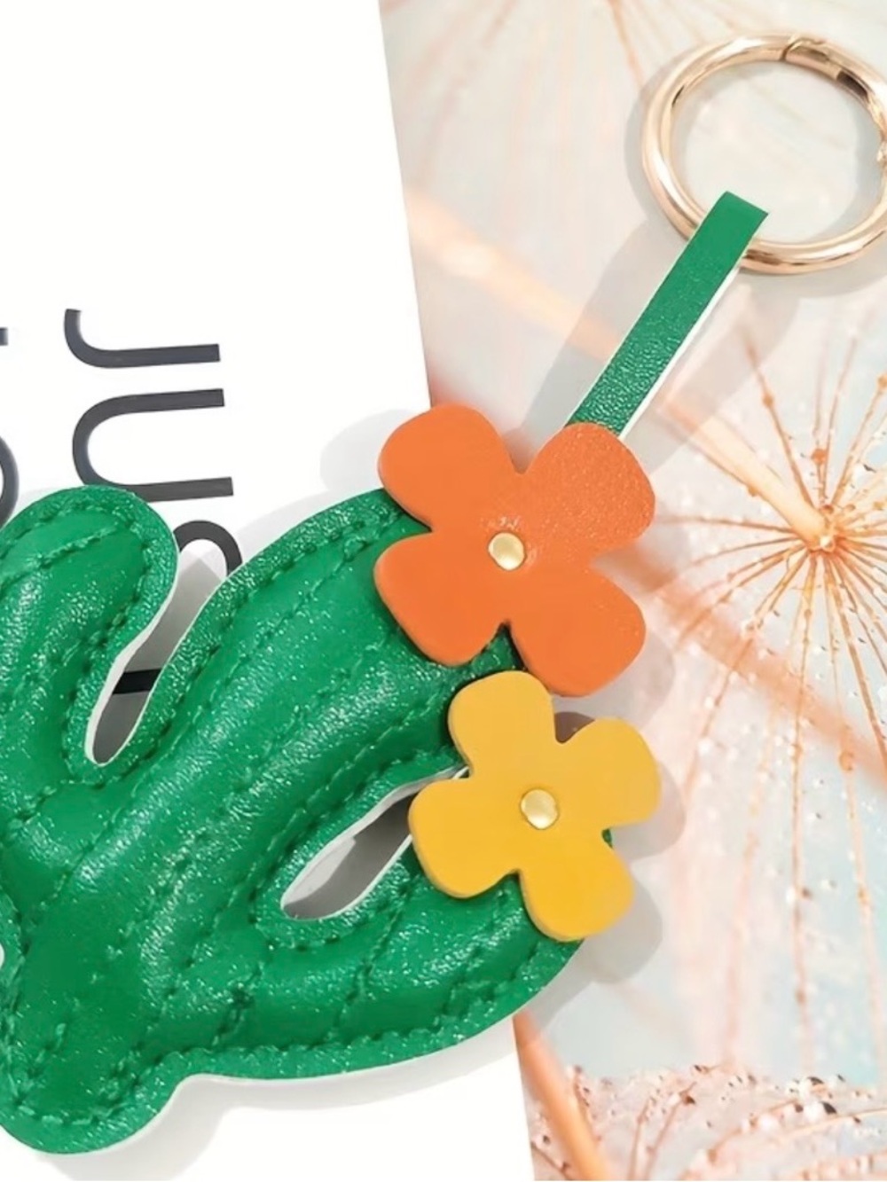 Green Cactus Purse Charm Keychain Vegan Leather Desert Flowers Plant Cacti